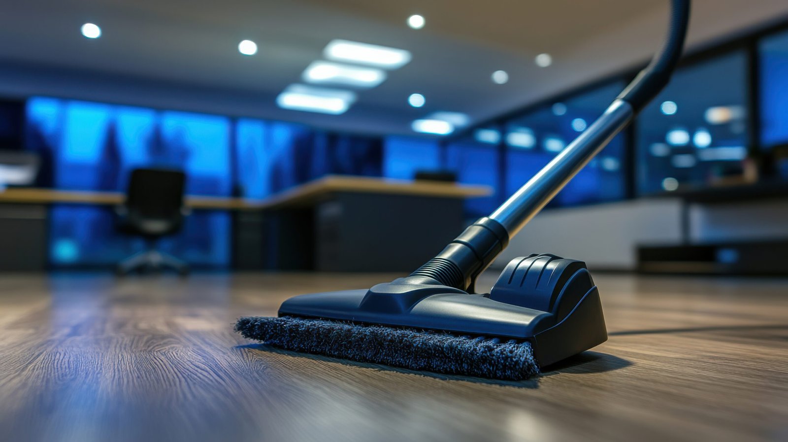 Vacuum Cleaner in Modern Office Space with Evening Light and Sleek Wood Floors